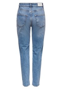 Jean en denim bleu avec une coupe slim, taille haute et texture délavée. Comprend deux poches arrière et une étiquette au niveau de la taille.