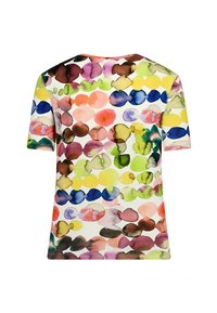 Short-sleeve T-shirt featuring a colorful watercolor-style pattern with round and wavy shapes in bright hues on a light background.
