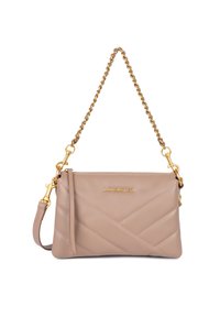 Borsa a tracolla in pelle beige con design trapuntato, tracolla in catena dorata, chiusura a zip e dettaglio con nappina. Presenta logo del marchio impresso.