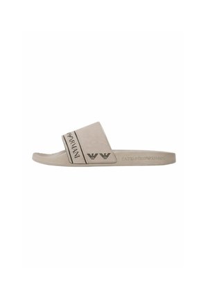 Sandalo slide beige EA7 Emporio Armani con ampia fascia con testo del logo e stemma con aquila, suola piatta, design open toe.