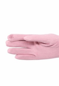 Una coppia di guanti rosa chiaro morbidi con un polsino piegato, distesi su uno sfondo bianco, mostrando il palmo e le dita.