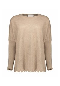 Maglione beige in maglia con maniche lunghe a coste e bordi grezzi smerlati su polsini e orlo, con scollo rotondo.