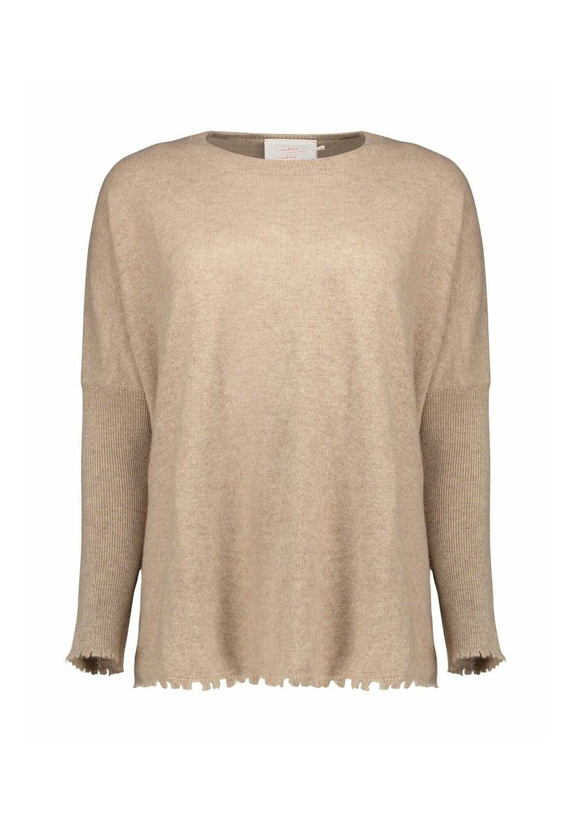 Maglione beige in maglia con maniche lunghe a coste e bordi grezzi smerlati su polsini e orlo, con scollo rotondo.
