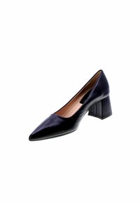 Décolleté nera in pelle con punta affilata e tacco basso a blocco. Texture liscia e design semplice, con una soletta beige chiaro.