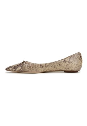 Ballet flats with a pointed toe, featuring a beige and brown snake print design, smooth texture, and subtle metallic accent on the vamp.