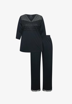 Black pajama set featuring a V-neck top with lace detailing and three-quarter sleeves, paired with elastic waist pants that have lace trim.