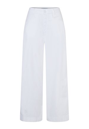 Weiße Hosen mit weitem Bein, vorne mit Knöpfen und Taschen, ausgestattet mit Gürtelschlaufen und einem sauberen Saum.