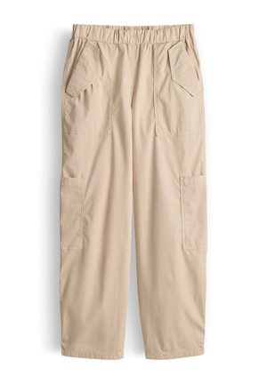 Beige Cargohosen mit elastischem Bund und mehreren Taschen vorne und an den Seiten, flach auf weißem Hintergrund ausgelegt.