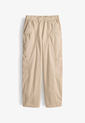 Pantaloni cargo beige con vita elastica e molteplici tasche frontali e laterali, mostrati distesi su sfondo bianco.
