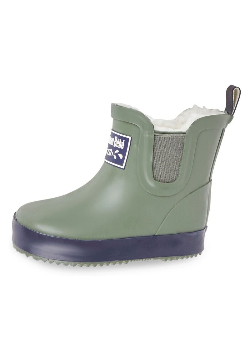 Stivale verde in gomma con fodera in pelliccia sintetica, pannello laterale elastico e suola blu scuro. Presenta un logo sul lato e un tacco texturizzato per una presa migliore.