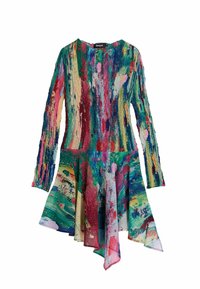 Színes hosszú ujjú ruha texturált kötött felsőrésszel és aszimmetrikus szegéllyel. Több színben élénk festékspricc mintával díszítve.