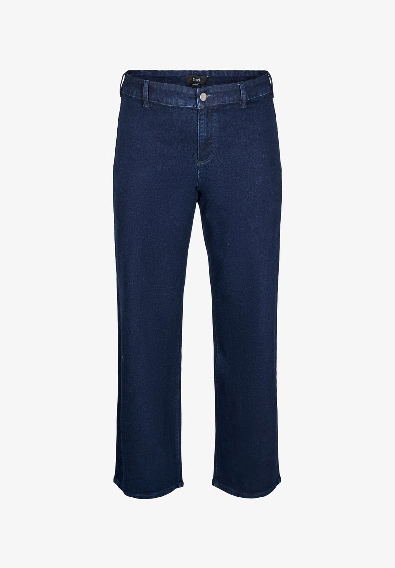 Dark blue denim cropped jeans with a straight leg design, five-pocket style, and a button closure. Features subtle texture.