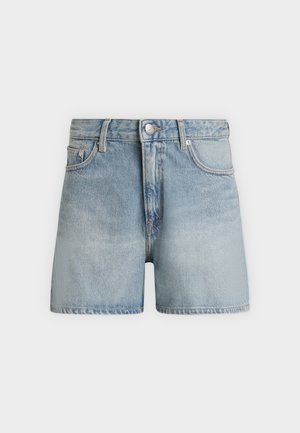 Light blue denim shorts with front button, zipper, belt loops, and front pockets, shown on a plain gray background.