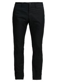 Pantaloni neri slim-fit con una texture liscia, dotati di chiusura con bottone e cerniera, tasche frontali e posteriori, e design a gamba dritta.