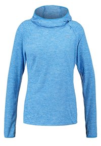Pullover blu a maniche lunghe con collo alto, realizzato in tessuto mélange. Presenta maniche raglan e un piccolo logo sul petto.