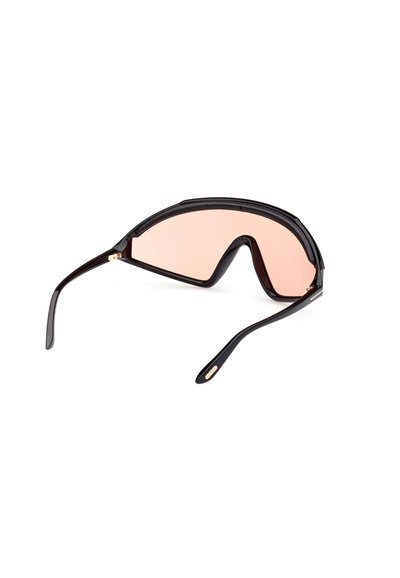 Aurinkolasit, joissa on suuri musta kehys ja vaaleanpunaiset linssit, kaarevalla muotoilulla ja ohuilla varsilla. Kultaiset yksityiskohdat korostavat saranoita.