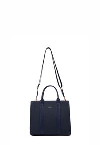 Marineblauwe gestructureerde leren schoudertas met dubbele handvatten en een afneembare schouderriem. Heeft een minimalistisch ontwerp met verticale accenten.