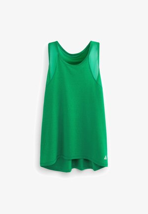 Camiseta deportiva verde sin mangas con escote redondo y paneles de malla en los hombros sobre un fondo blanco.