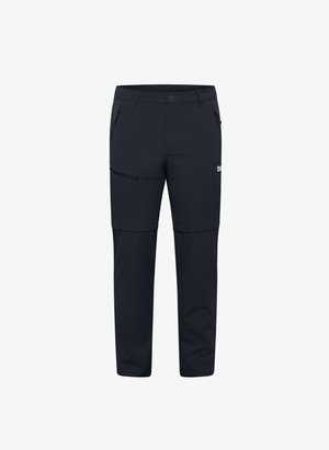 Black outdoor pants made of lightweight, stretch fabric. Features zippered pockets and articulated knees for enhanced mobility.