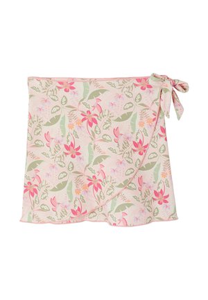Pink floral wrap skirt with green and orange leaves, tied with a bow on the right side, displayed on a white background.