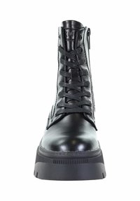 Czarne skórzane buty za kostkę na sznurówki z zaokrąglonym noskiem, teksturowaną podeszwą i zamkiem błyskawicznym z boku. Charakteryzują się gładkim wykończeniem i mocnymi sznurówkami.