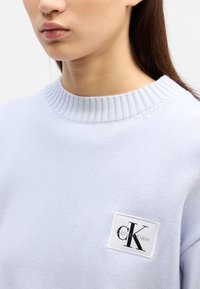 Šviesiai mėlynas megztinis su siauru apvaliu iškirpimu. Pasižymi stačiu kampu logotipo lipduku, kuriame juodu šriftu užrašyta "Calvin Klein".
