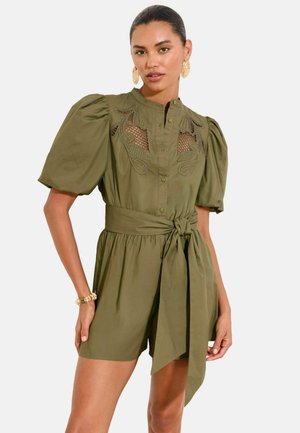 Lipsy, REGULAR FIT - CUTWORK PATTERN PUFF SLEEVE BELTED BUTTONED PLAYSUIT . - Jumpsuit - olive green