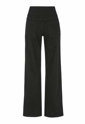 Schwarze, hoch taillierte, weite Jeans mit zwei Gesäßtaschen und sichtbaren Nähten, von hinten auf einem weißen Hintergrund dargestellt.