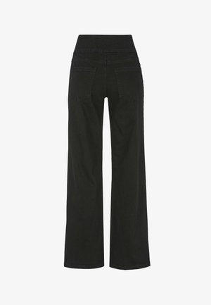 Mustaa korkeavyötäröistä leveälahkeista farkkuhousua, jossa on kaksi takataskua ja näkyvä ompelu, esitetty takaa valkoista taustaa vasten.