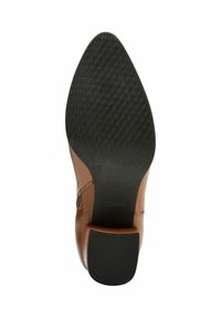 Brązowa podeszwa skórzana buta z zaostrzonym noskiem, teksturowanym czarnym gumowym spodem i gładkim wykończeniem górnej strony. Oznaczenie rozmiaru 36.