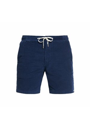 Navyblauwe corduroy heren short met elastische tailleband, witte trekkoord en zijzakken, afgebeeld op een witte achtergrond.