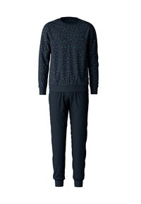 Dunkelblaues Sportoutfit mit einem gemusterten Sweatshirt, das kleine, mehrfarbige Designs aufweist, und passenden schlanken Hosen aus weichem Stoff.