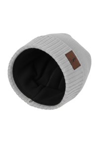 Gray knit beanie with ribbed texture, fleece lining, and a brown leather label featuring a logo on the side.