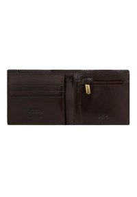 Portefeuille en cuir marron avec plusieurs emplacements pour cartes, une poche à pièces zippée et une marque en relief. Texture lisse et forme rectangulaire.