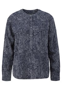 Camicia a maniche lunghe blu navy con un motivo floreale e astratto, dotata di scollatura rotonda e apertura frontale con tre bottoni.