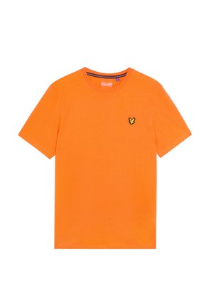 Orange bomulds T-shirt med rund hals, korte ærmer og et lille broderet sort og gult sommerfugl-logo på venstre bryst.