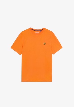 Orange bomulds T-shirt med rund hals, korte ærmer og et lille broderet sort og gult sommerfugl-logo på venstre bryst.