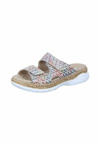 Sandales à glissière multicolores avec deux sangles Velcro, motif tissé, semelle intérieure beige rembourrée et semelle extérieure en caoutchouc blanche avec un bord texturé.