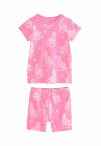Rosa Baumwoll-Zweiteiler-Pyjama-Set mit kurzen Ärmeln und Shorts, verziert mit gelben Stern- und Bärenmustern. Weicher, dehnbarer Stoff.