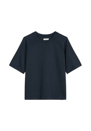Navy blauwe T-shirt met korte mouwen, ronde hals, relaxte pasvorm en een effen ontwerp.