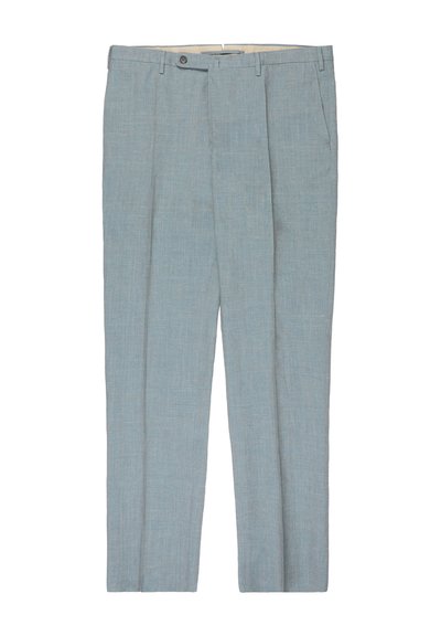 Light gray tailored men's trousers with side pockets, belt loops, and a button closure at the waist.