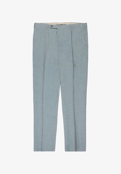 Pantalon pour homme gris clair, coupé sur mesure, avec poches latérales, passants pour ceinture et fermeture à bouton à la taille.