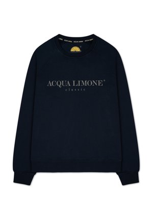 Marinblå sweatshirt med rund halsringning och ribbade ärmslut. Har logotypen "ACQUA LIMONE classic" i ljusbeige över framsidan. Mjuk textur.