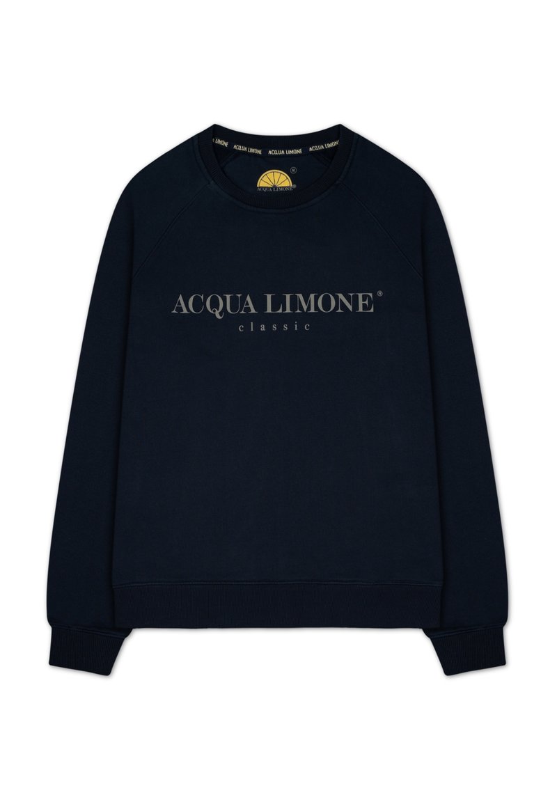 Marinblå sweatshirt med rund halsringning och ribbade ärmslut. Har logotypen "ACQUA LIMONE classic" i ljusbeige över framsidan. Mjuk textur.