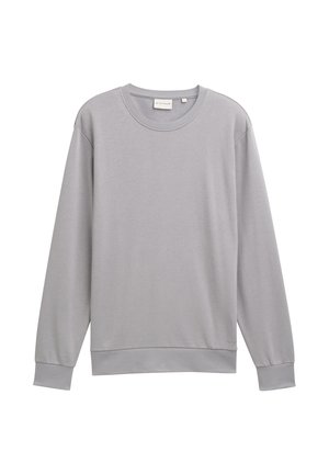 Sudadera gris de manga larga fabricada en tejido suave. Presenta un cuello redondo, puños y dobladillo de canalé, y un diseño minimalista sin patrones.