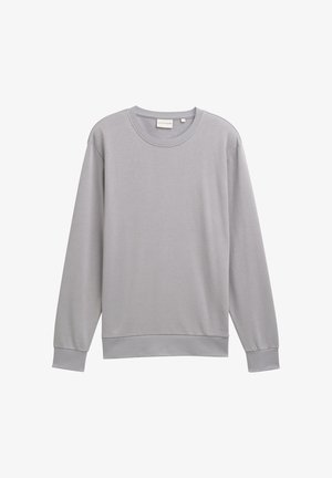 Sudadera gris de manga larga fabricada en tejido suave. Presenta un cuello redondo, puños y dobladillo de canalé, y un diseño minimalista sin patrones.
