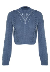 Pull court bleu à maille torsadée avec manches longues, poignets côtelés et motif décoratif en maille ajourée sur la partie supérieure de la poitrine.