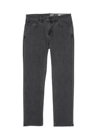 Jeans de denim negro con un diseño de pierna recta, cinco bolsillos, costuras visibles y un cierre clásico de botón y cremallera.
