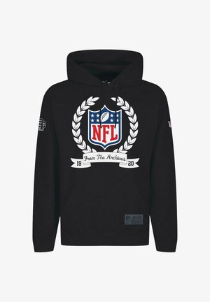 Schwarzer Kapuzenpullover mit Kordeln, ausgestattet mit einem weißen und blauen NFL-Logo innerhalb eines Lorbeerkranzes und dem Text "From The Archives 19 20" darunter.