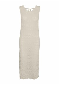 Gebreid, mouwloos jurkje in lichtbeige met een textuurpatroon met diagonale lijnen en zigzagvormen. Het wordt aan de achterkant van de hals gestrikt.
